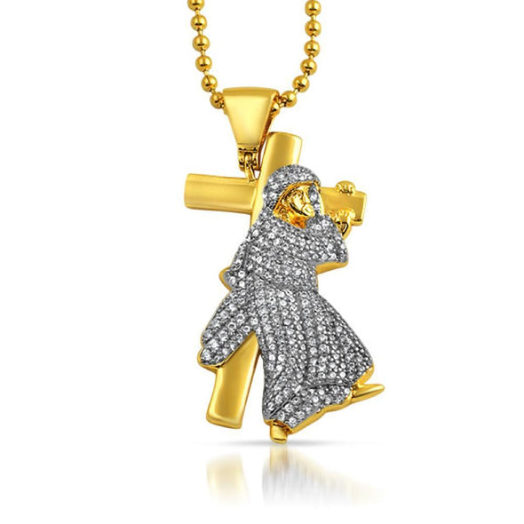 Jesus Carrying Cross Gold CZ Pendant