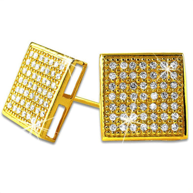 XL Box Gold Vermeil CZ Micro Pave Iced Out Earrings .925 Silver