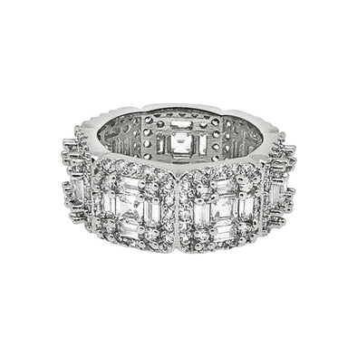 .925 Silver Exotic Baguette Princess Eternity Band CZ Rhodium Ring