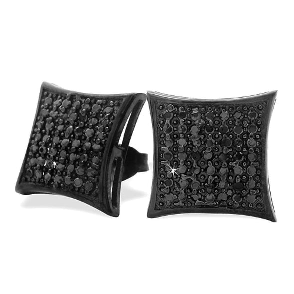 All Black Large Puffed Kite CZ Micro Pave Earrings .925 Silver