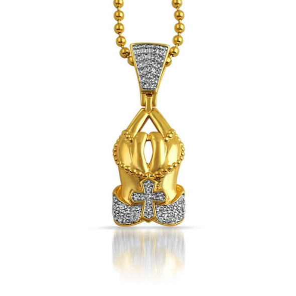 Gold Prayer Hands Cross CZ Polished Pendant