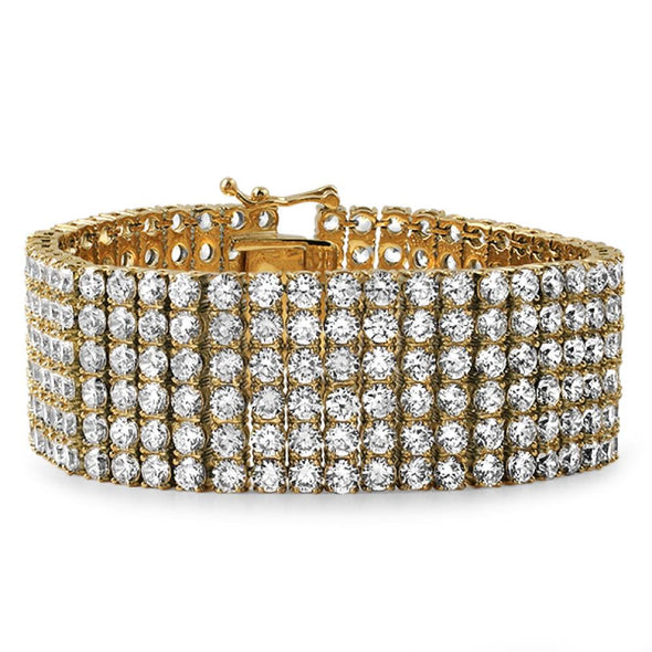 Gold Stainless Steel CZ 6 Row Iced Out Bracelet