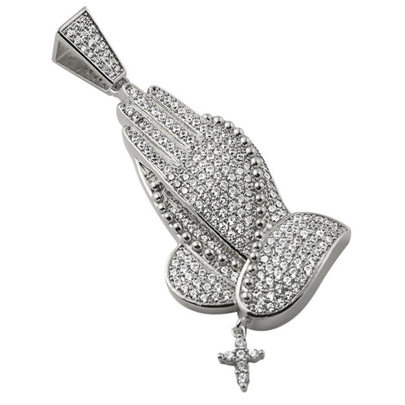 Praying Hands Rhodium Pendant Dangling Cross CZ