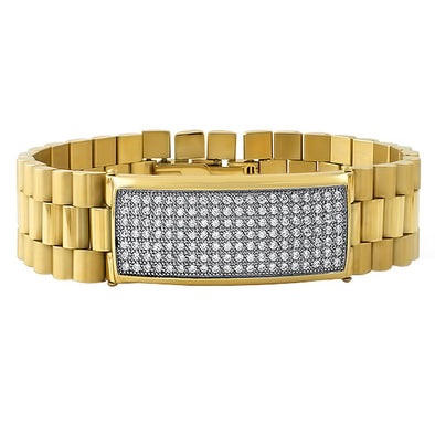 Gold President CZ ID Bracelet Stainless Steel