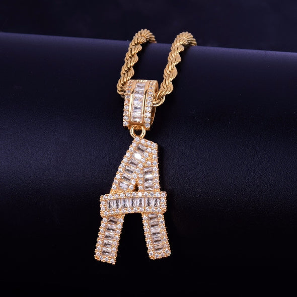 Baguette Letter Initial CZ Hip Hop Pendant + Free Chain