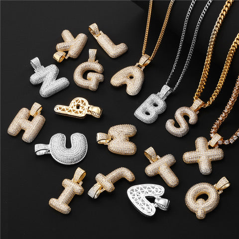 Bubble Letter Initial CZ Hip Hop Pendant + Free Chain