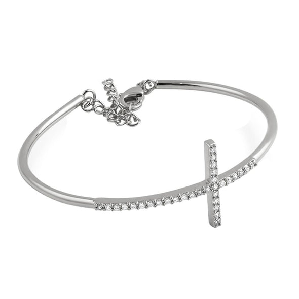 CZ Cross Womens Bangle Rhodium