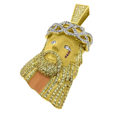 Painted Face Jesus Piece Large Gold CZ Pendant