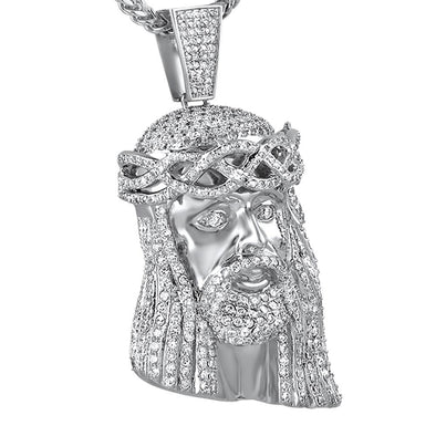 Micro Pave CZ Rhodium Jesus Piece Pendant