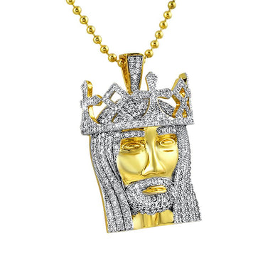 CZ Gold Jesus Piece 3D King Crown Amazing Details