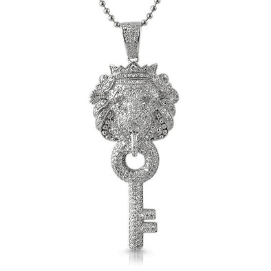 Chinese Lion Key CZ Rhodium Pendant