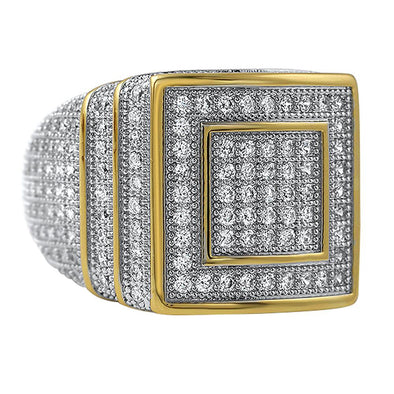 Stacked Box Full CZ Mens Micro Pave Bling Bling Ring