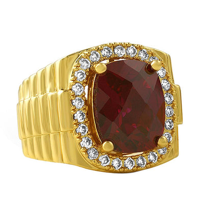 Rose Cut Simulated Red Ruby CZ Mens Hip Hop Ring