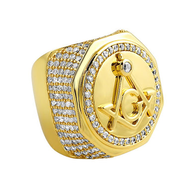 Masonic Free Mason CZ Mens Hip Hop Ring