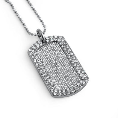 Full Stone Dog Tag and Chain Rhodium