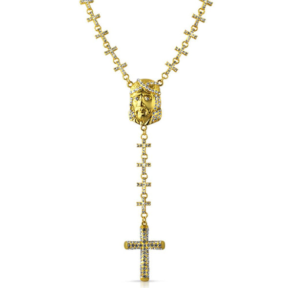 Gold Jesus Piece Cross Link Iced Out Rosary Necklace