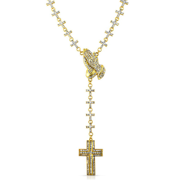 Gold Praying Hands Fully Cross Link Rosary Necklace