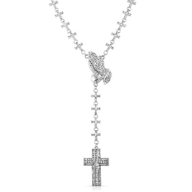 Praying Hands  Cross Link Rhodium Rosary Necklace