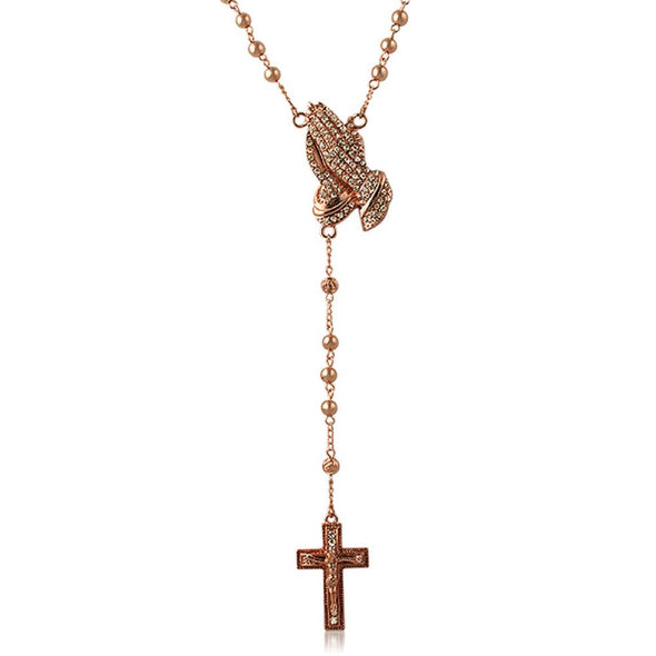 Rose Rosary Necklace Praying Hands Chain