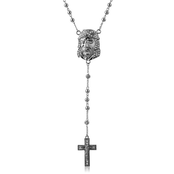 Jesus Piece Rhodium Rosary Necklace
