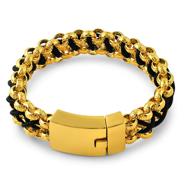 Rolo Greek Link Leather Woven Gold Stainless Steel Bracelet