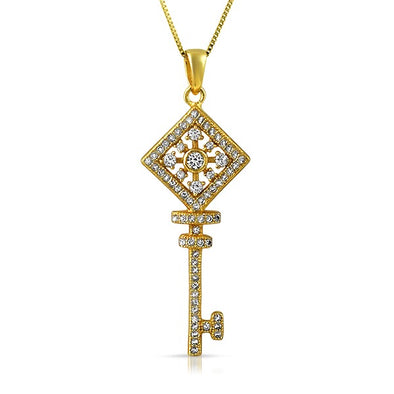 Square Wheel Key CZ Gold .925 Sterling Silver Pendant