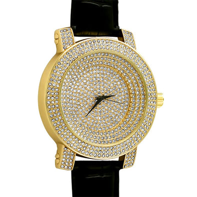 Iced Out Stadium Gold Black Leather Watch