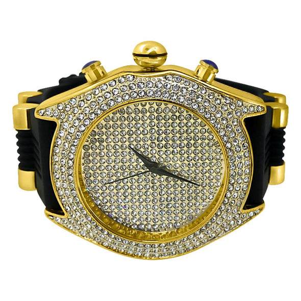 Full Dial and Triple Bezel Icey Watch Rubber Band Gold