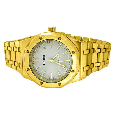 White Dial Gold Brushed Octagon Bezel Watch
