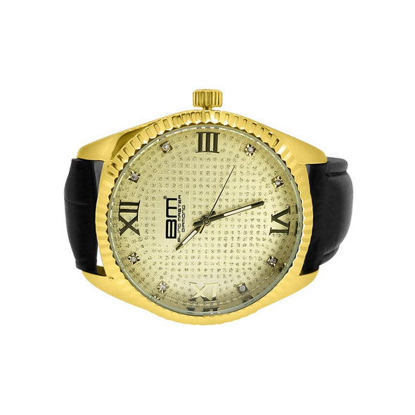 Genuine Diamond Gold Dress Watch Gold Black Strap