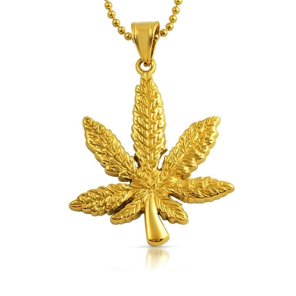Marijuana Leaf Pendant 420 Gold Steel