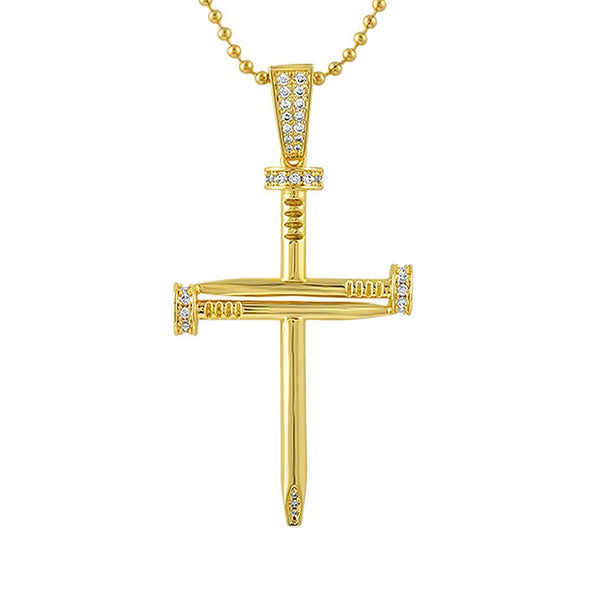 Gold CZ Nail Cross Pendant 3D