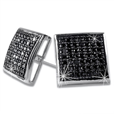 XL Black CZ Puffed Box Micro Pave Earrings .925 Silver