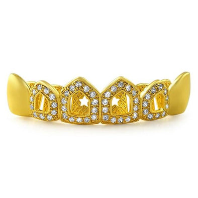 Polished 4 Open Tooth CZ Bling Bling Gold Grillz Top Teeth