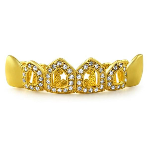 Polished 4 Open Tooth CZ Bling Bling Gold Grillz Top Teeth