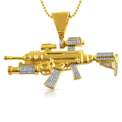 Gold CZ Military Machine Gun Pendant Jewelry