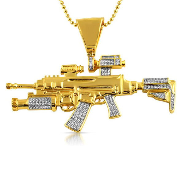 Gold CZ Military Machine Gun Pendant Jewelry