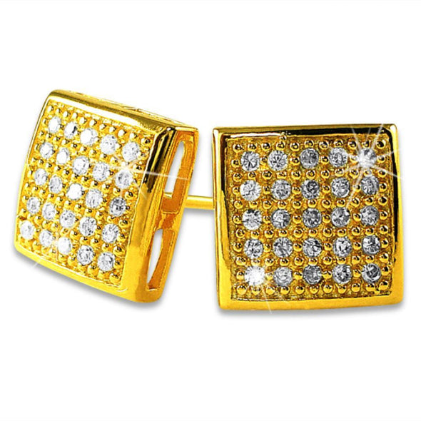 Puffed Box Medium Gold Vermeil CZ Micro Pave Earrings .925 Silver