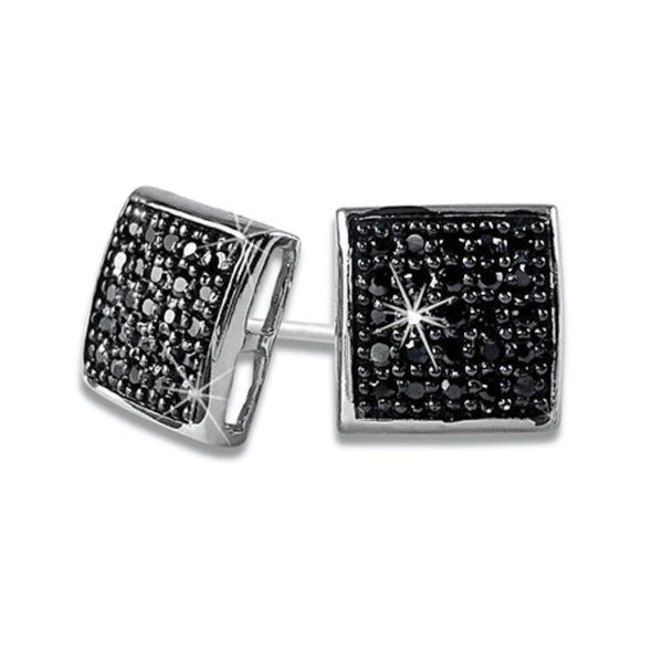 Puffed Box Medium Black CZ Micro Pave Earrings .925 Silver