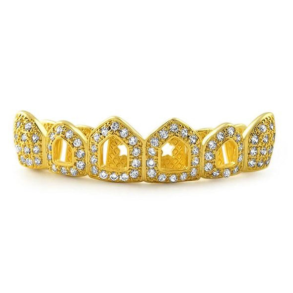 Gold 4 Open Tooth CZ Bling Bling Grillz Top Teeth