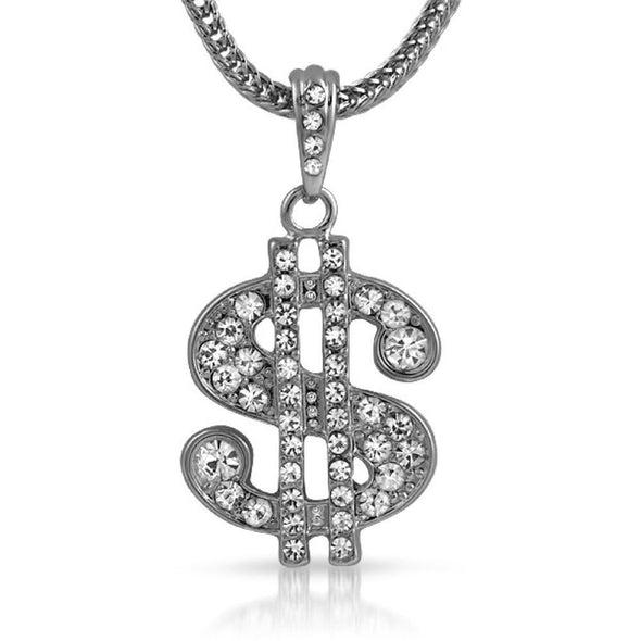 Rhodium Dollar Sign Pendant  Chain Small