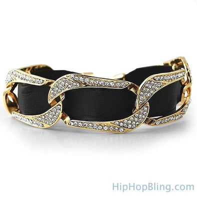 Gold Cuban Black Leather Bling Bling Bracelet