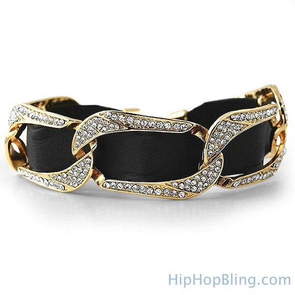 Gold Cuban Black Leather Bling Bling Bracelet