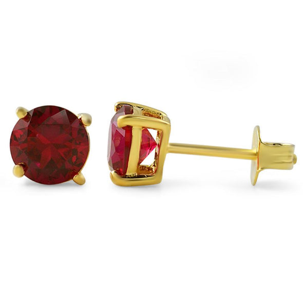 Lab Ruby Round Cut Stud Earrings Gold .925 Silver