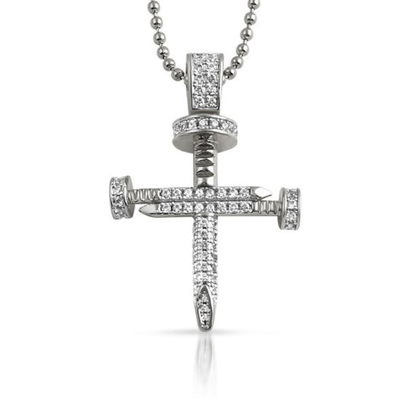 Small CZ 3D Rhodium Nail Cross Pendant