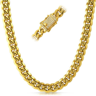 CZ Diamond Lock Cuban Chain 12MM Gold Steel