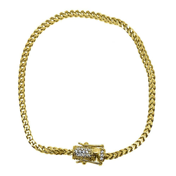 CZ Diamond Lock 2.5MM Gold Steel Franco Bracelet