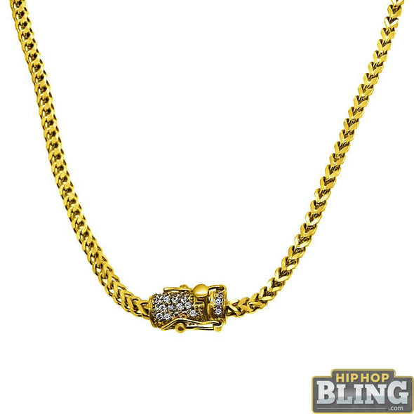 CZ Diamond Lock Gold Steel 2.5MM Franco Chain