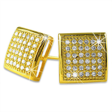 Large Puffed Box Gold Vermeil CZ Micro Pave Earrings .925 Silver