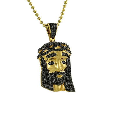 Mini Gold Jesus Pendant Black CZ Diamond Hair